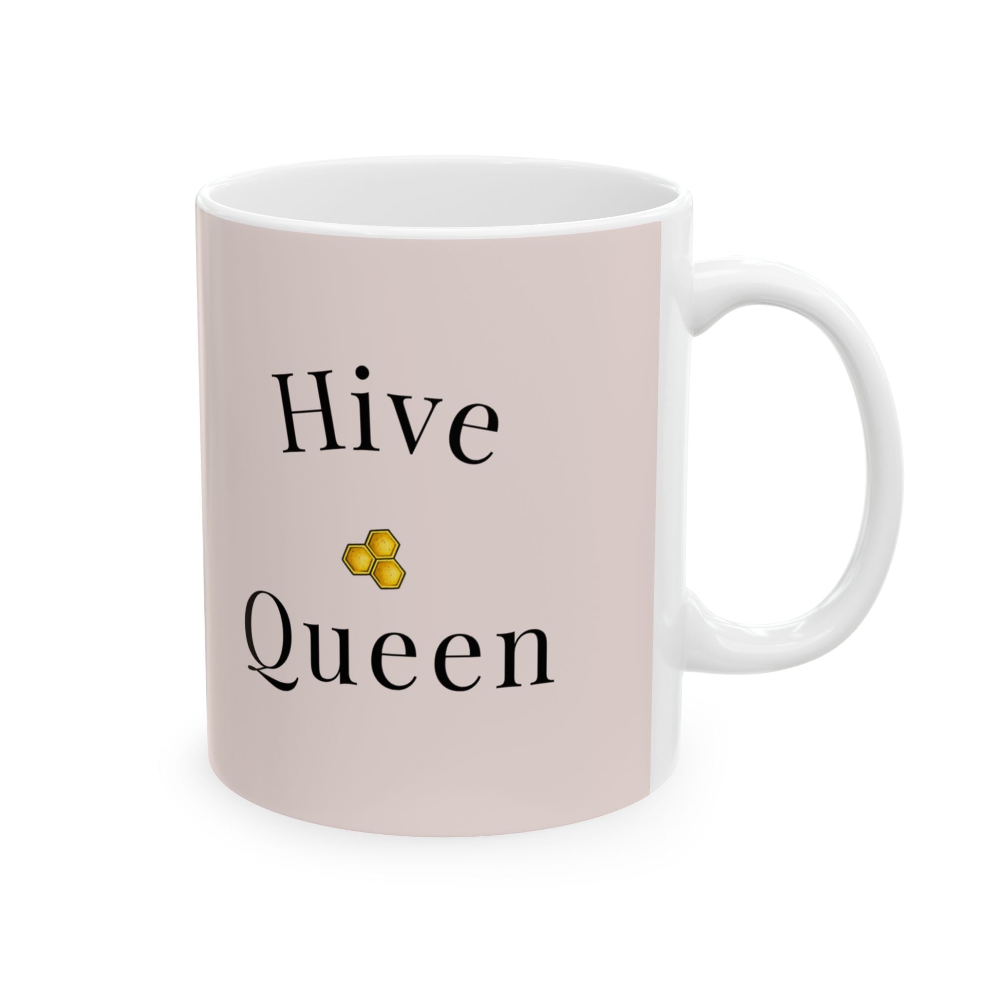 Pink ceramic mug with 'Hive Queen' lettering and honeycomb icon