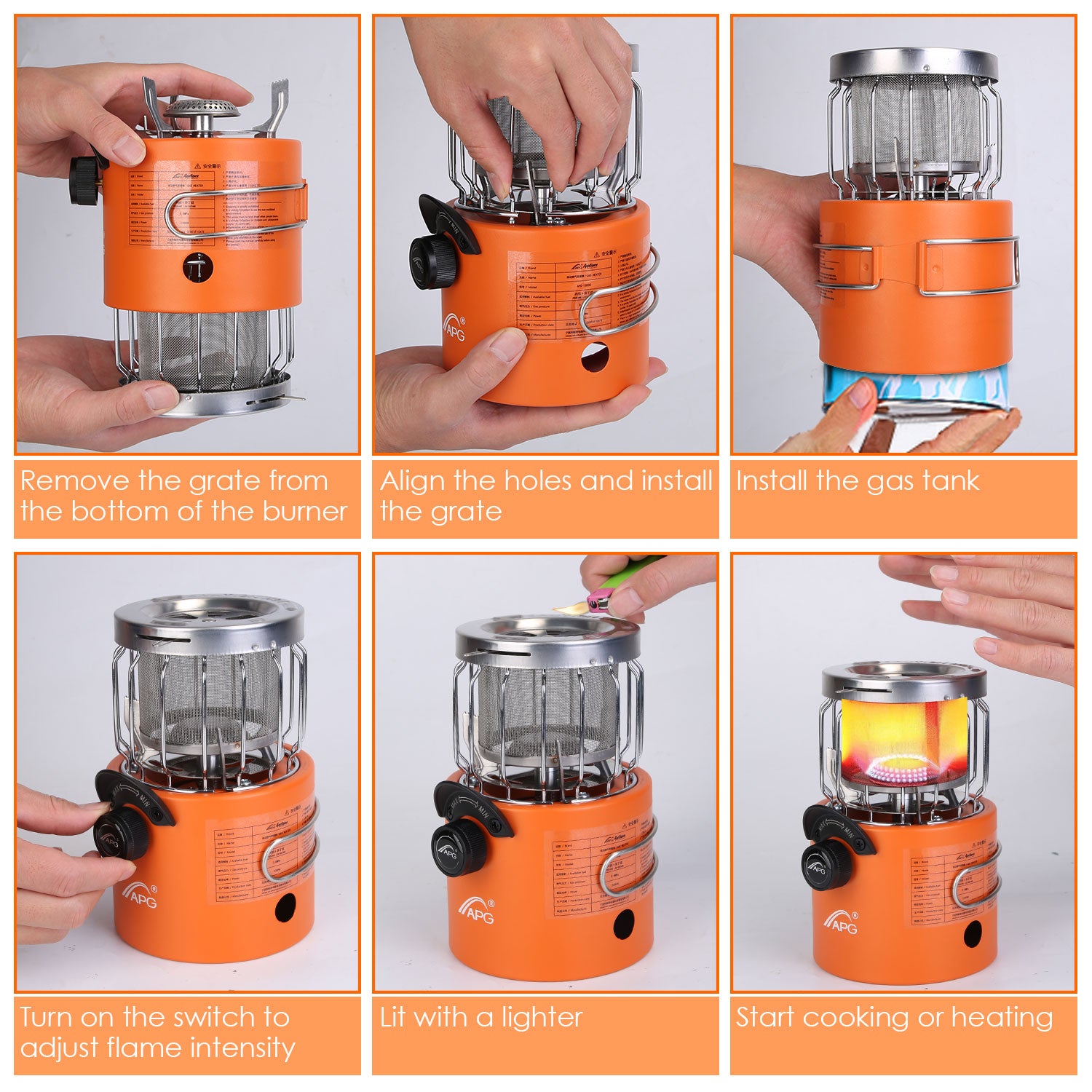 Orange outdoor gas stove and heater during setup, showing grate and burner guard