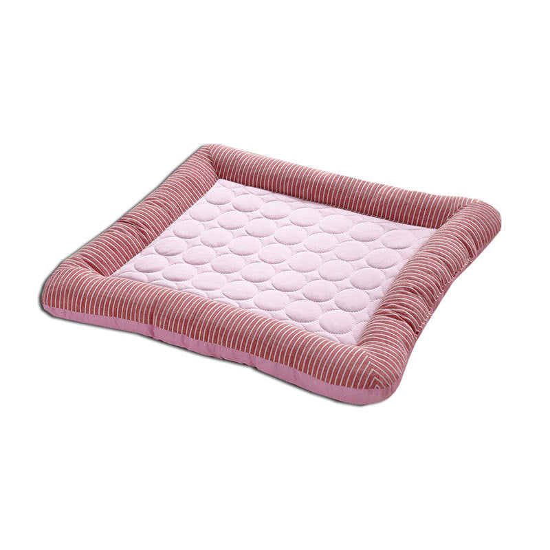 Pet cooling pad bed, pink-red striped frame with light pink quilted top
