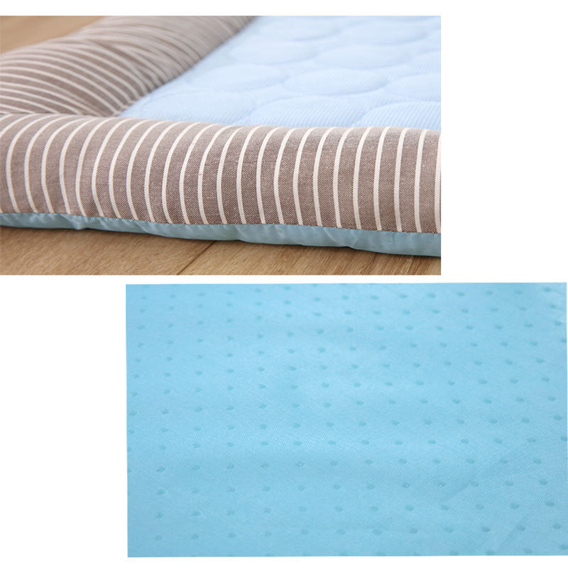 Pet cooling pad bed, gray striped border with blue raised bubble-texture insert