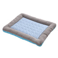 Pet cooling pad bed, blue quilted mat with gray striped outer edge