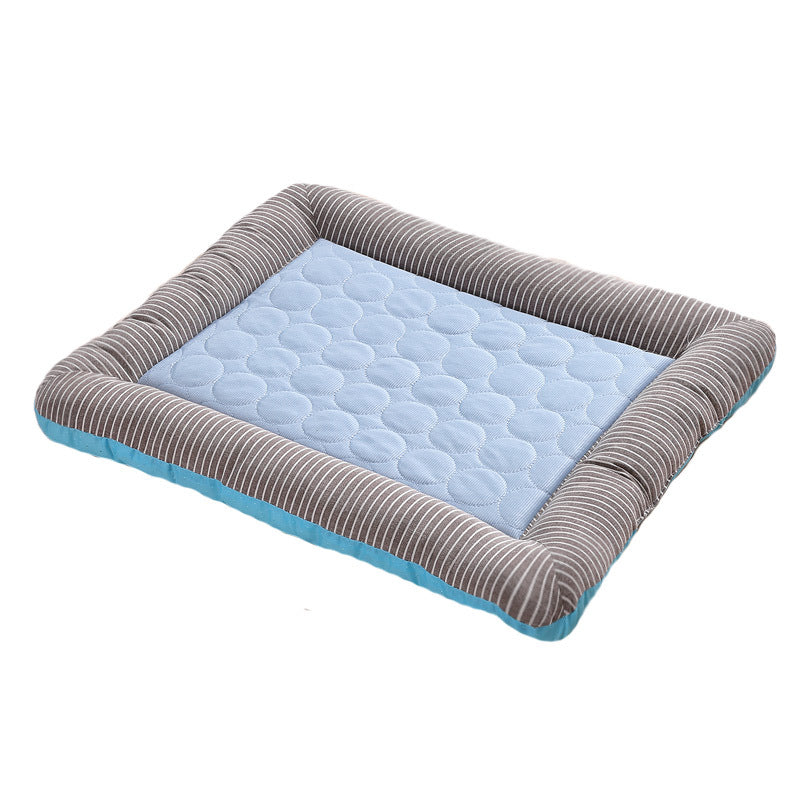 Pet cooling pad bed, blue quilted mat with gray striped outer edge