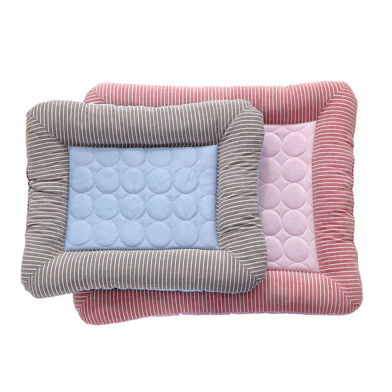 Pet cooling pad bed, light blue center with gray striped frame and pink-red border