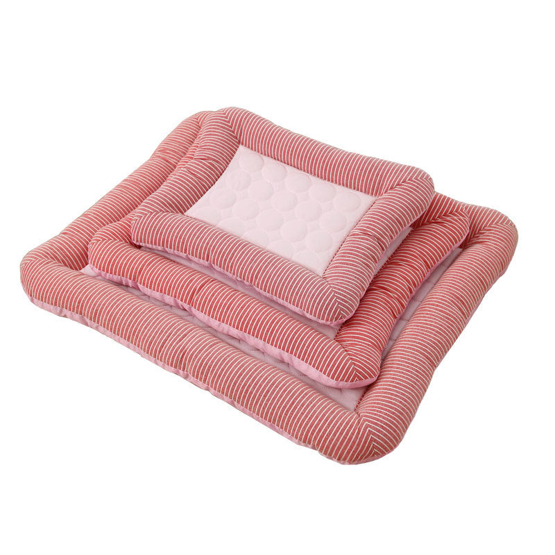Pet cooling pad bed, pink-red striped frame with light pink quilted insert