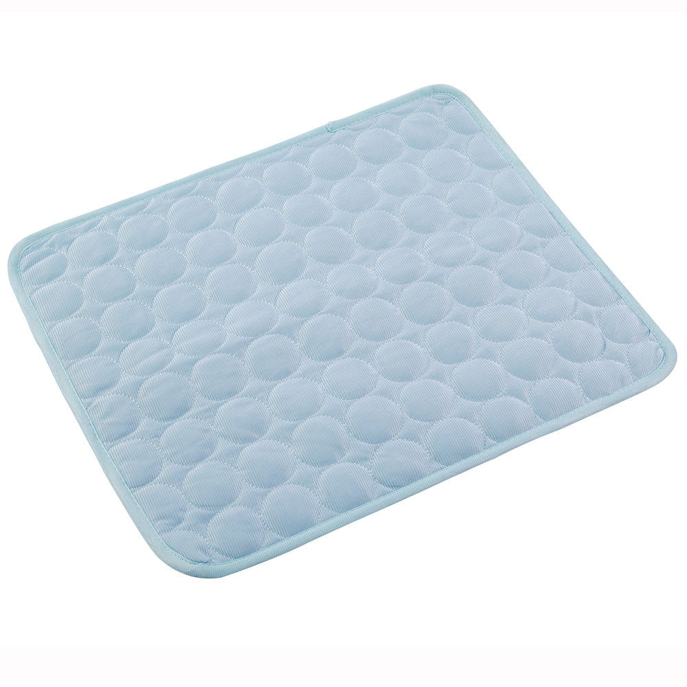 Light blue pet cooling nest pad with quilted bubble pattern and rounded edges