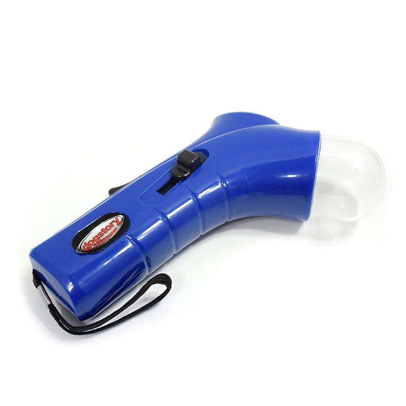 Blue handheld pet snack feeder with clear treat chamber and wrist strap.
