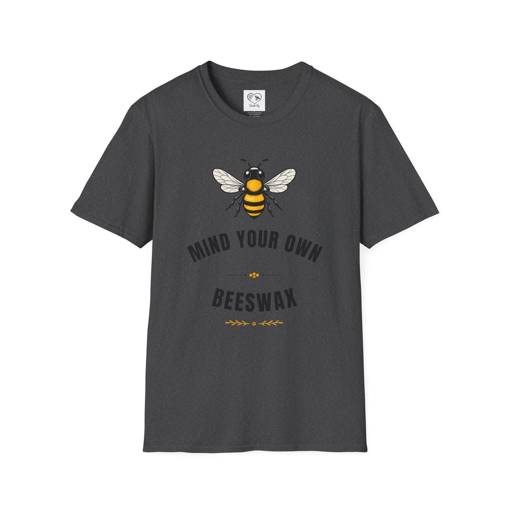 Dark heather T-shirt showing bee graphic with 'Mind your own Beeswax' lettering