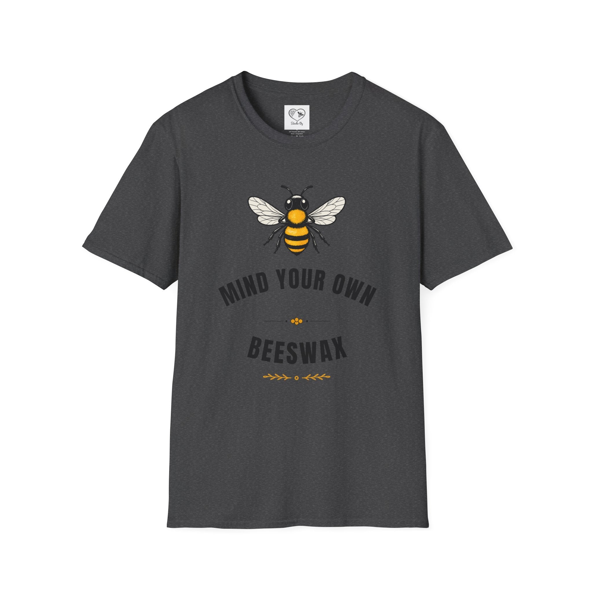 Dark heather T-shirt showing bee graphic with 'Mind your own Beeswax' lettering