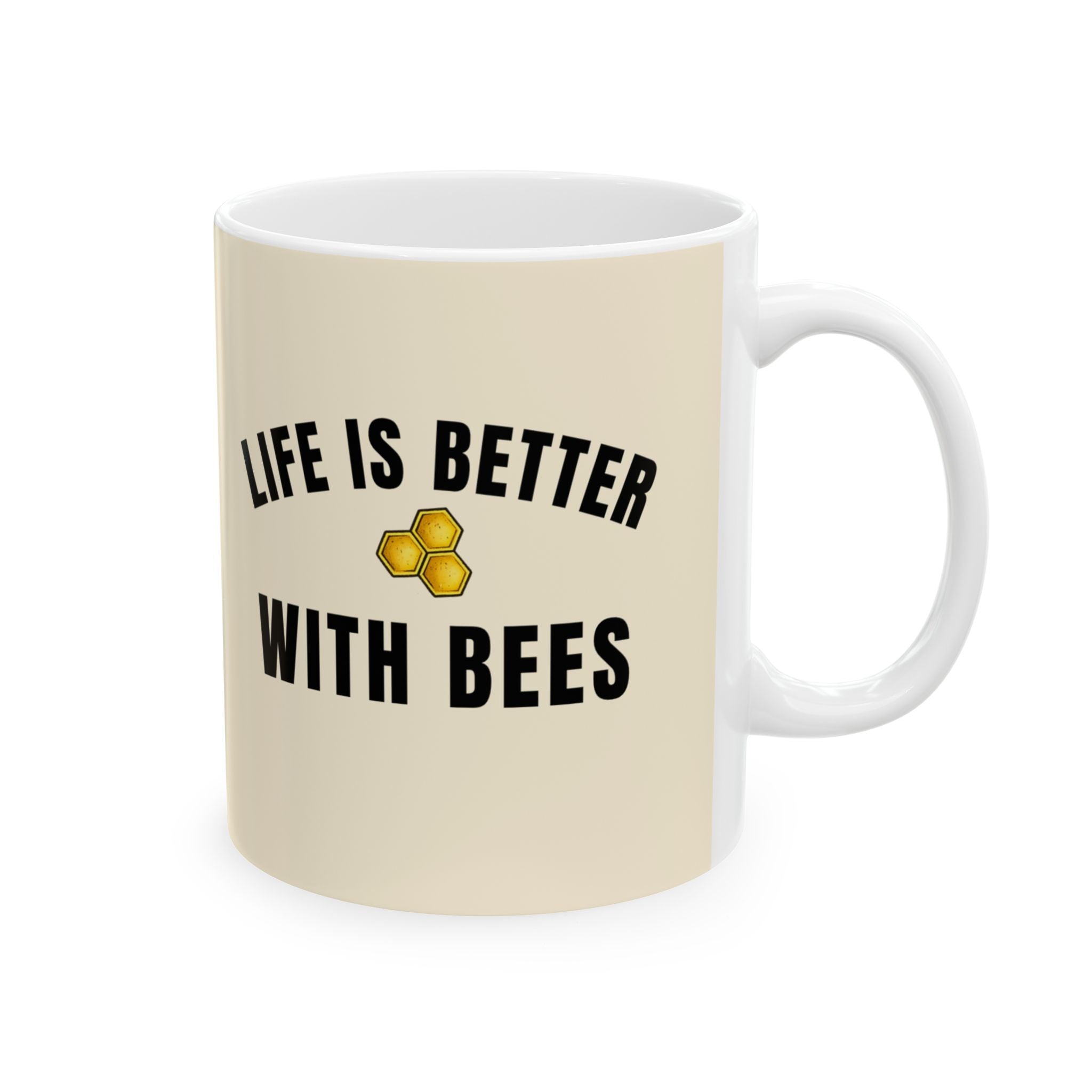 Cream ceramic coffee cup with "Life is better with bees" and honeycomb icon