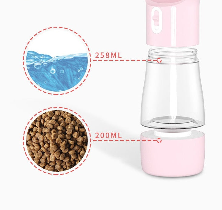 2-in-1 portable pet water and food dispenser with clear refill container showing kibble and water