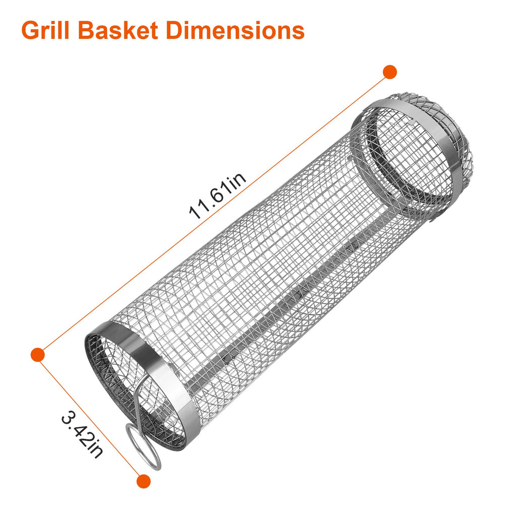 Stainless steel round grill basket with wire mesh cylinder, circular ends, and hook