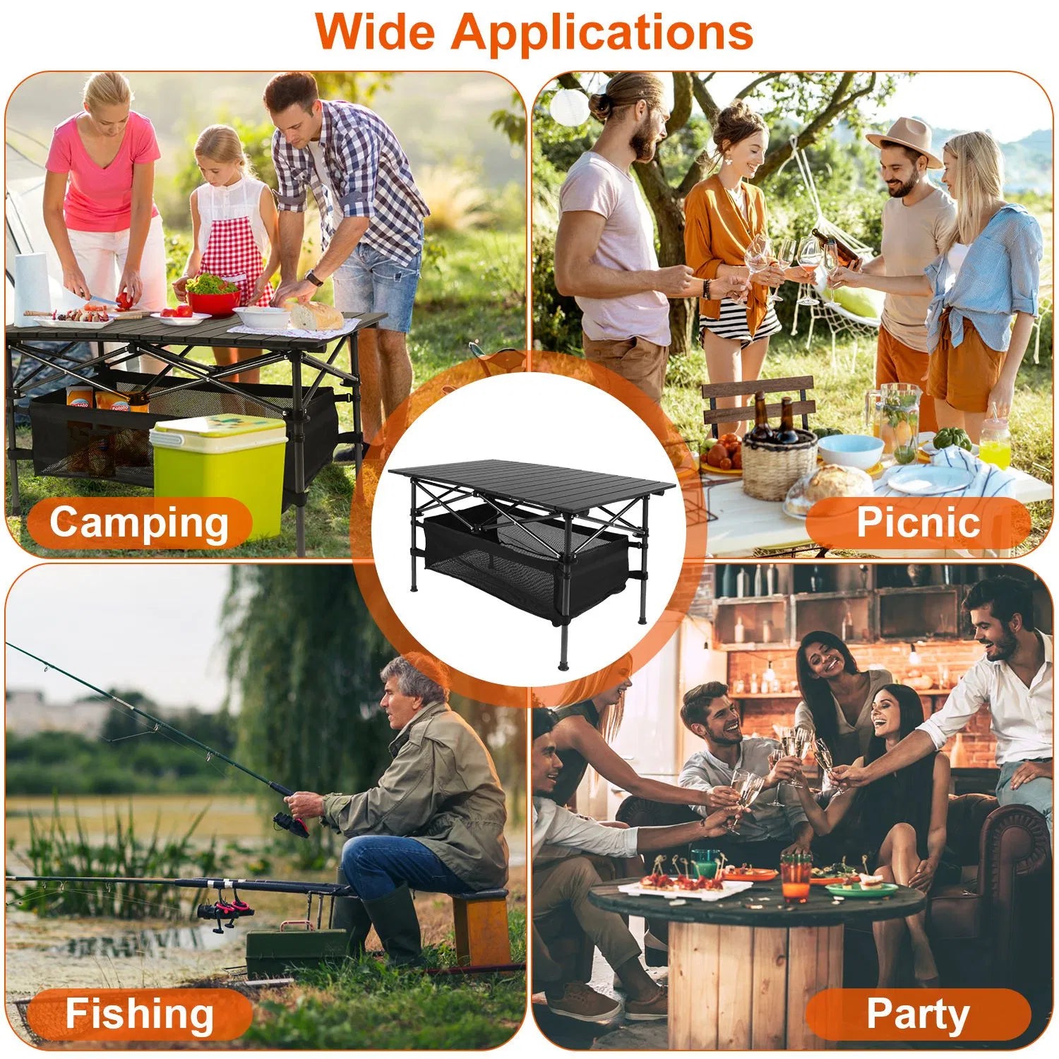 Folding camping table used for outdoor camping, picnic, fishing, and parties