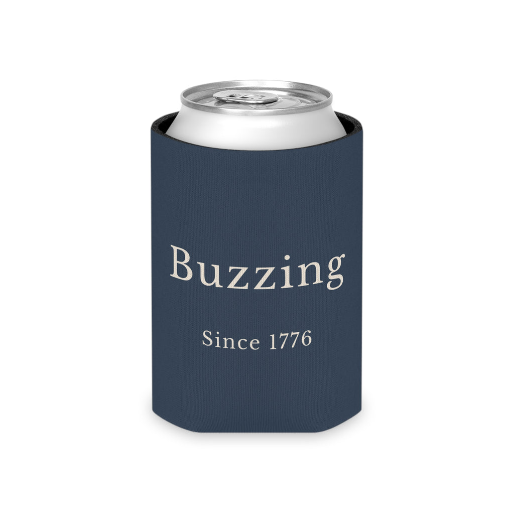 Navy fabric can cooler sleeve with 'Buzzing Since 1776' on front