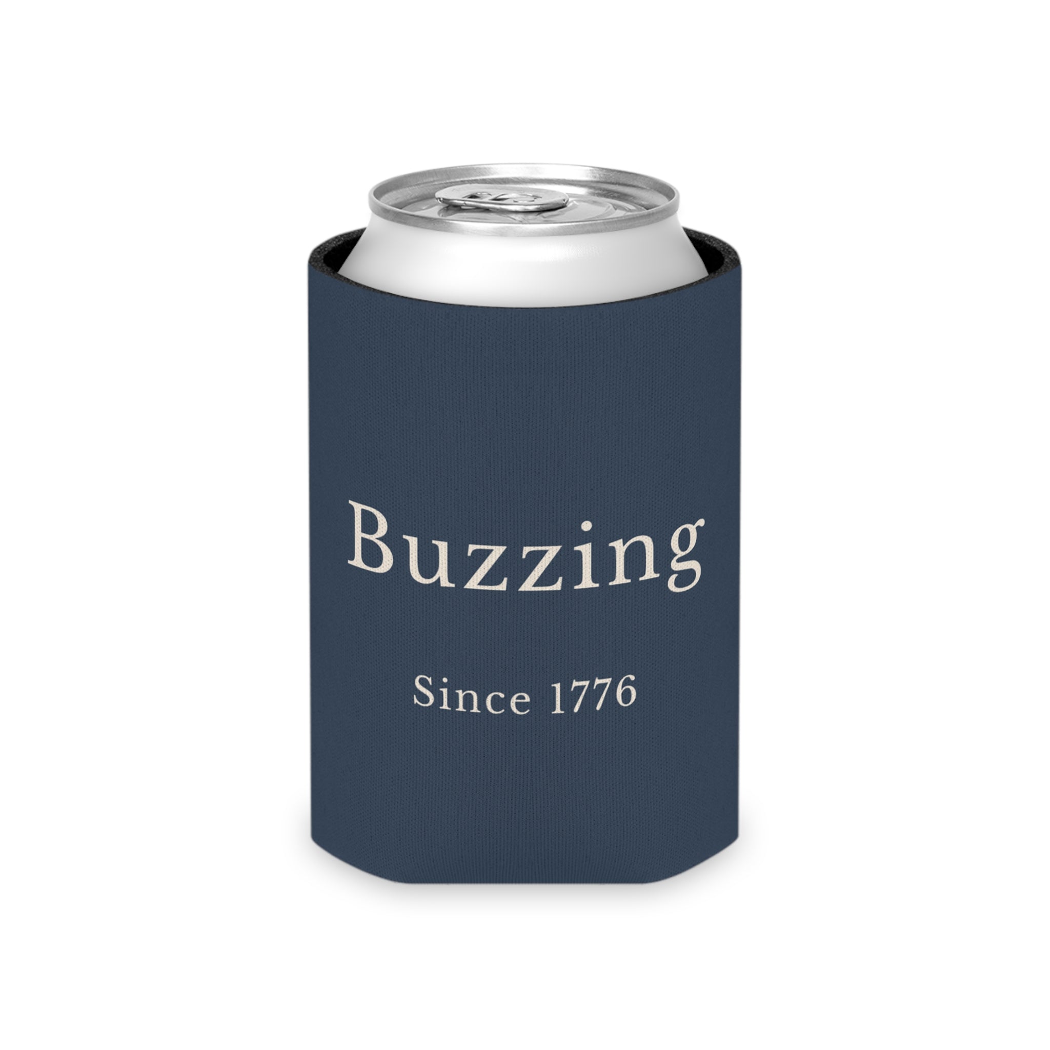 Navy fabric can cooler sleeve with 'Buzzing Since 1776' on front