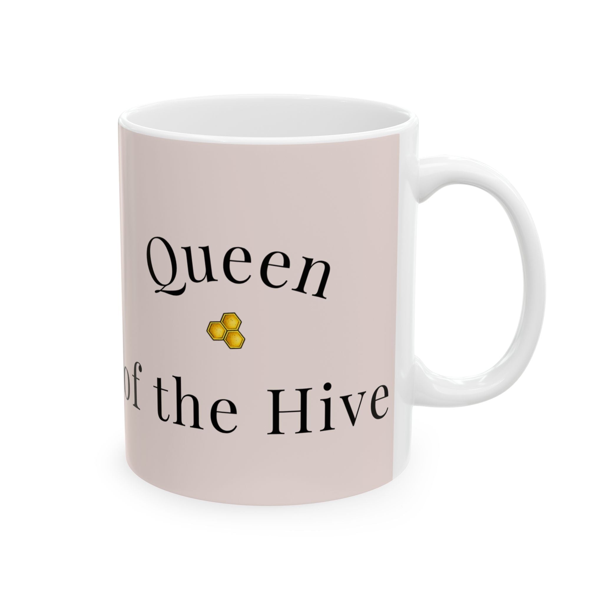 Light pink mug with 'Queen of the Hive' text and small gold emblem