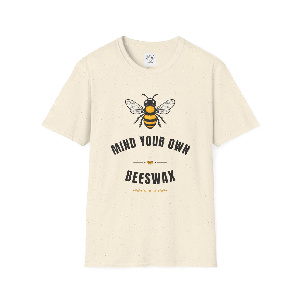 Natural cream t-shirt with bee and “MIND YOUR OWN” and “BEESWAX” typography