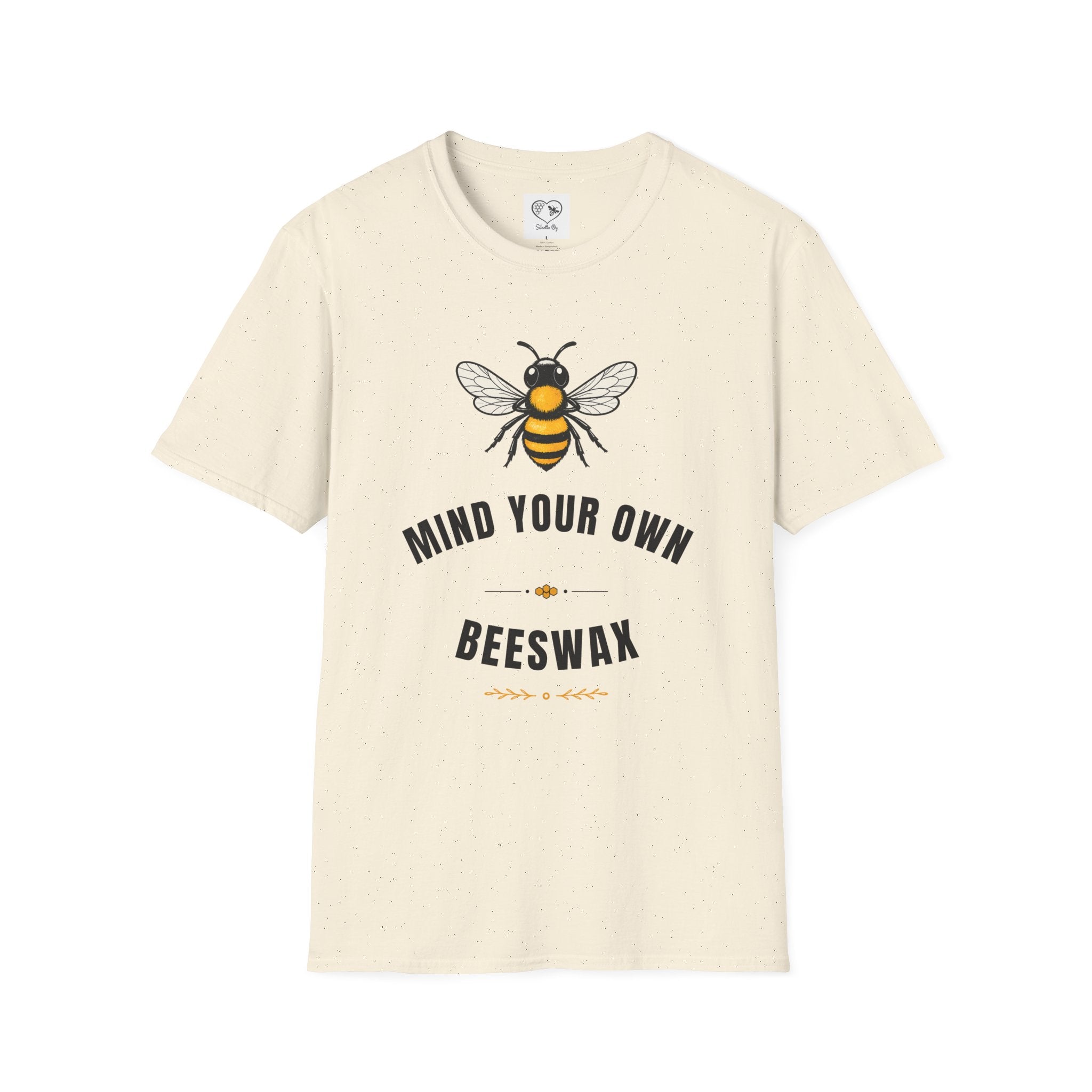 Natural cream t-shirt with bee and “MIND YOUR OWN” and “BEESWAX” typography