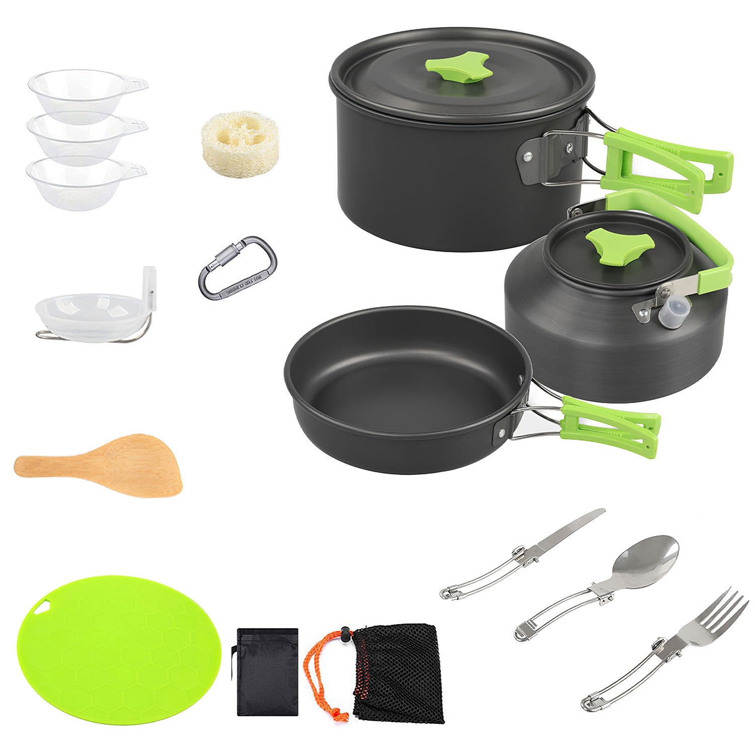 All-in-one cookware set with black pots and pan, green handles, utensils, bowls, and board