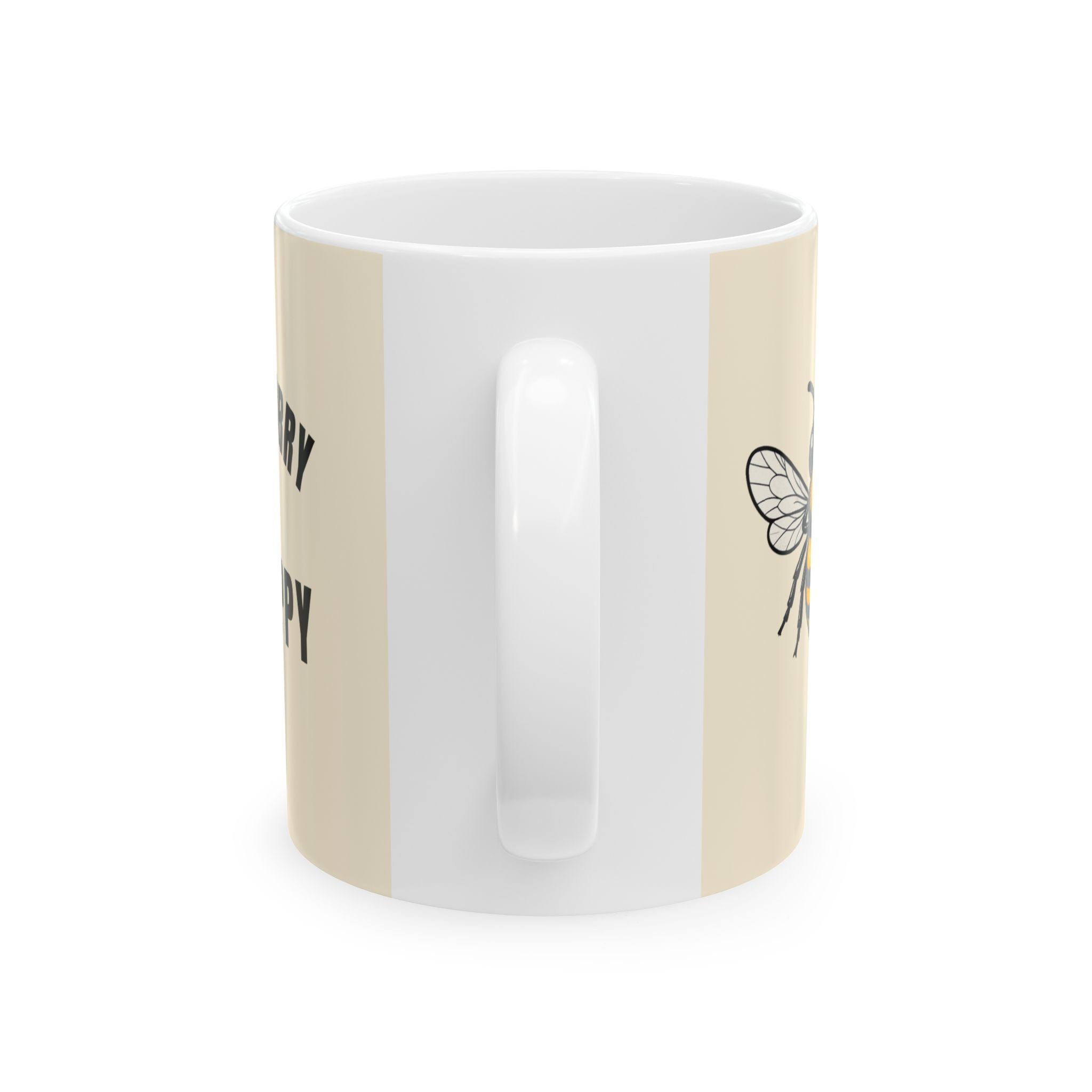 Beige ceramic mug with white handle and small butterfly outline on side
