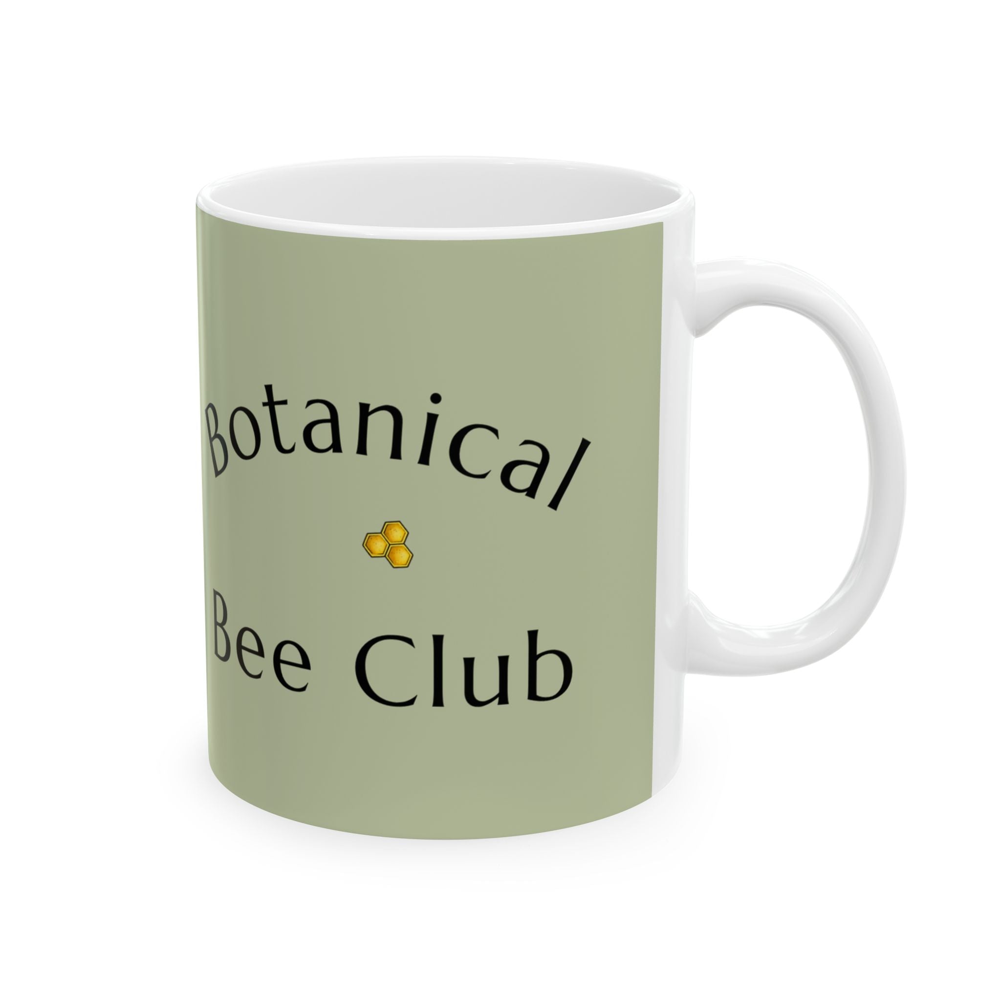 Botanical bee mug, light green with 'botanical Bee Club' text and yellow flower