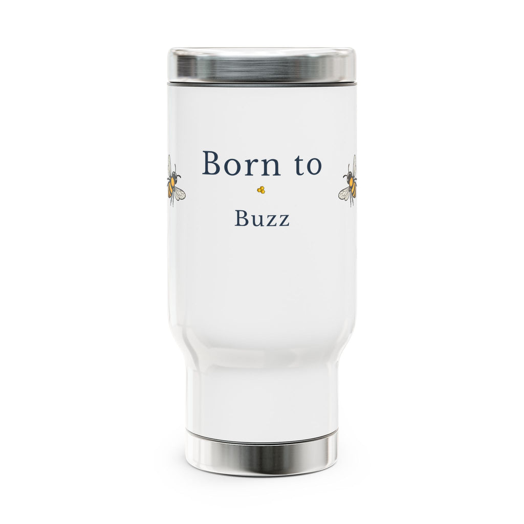 White stainless travel mug with silver lid and bee graphic on front