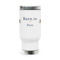 White stainless travel mug with silver lid and bee graphic on front