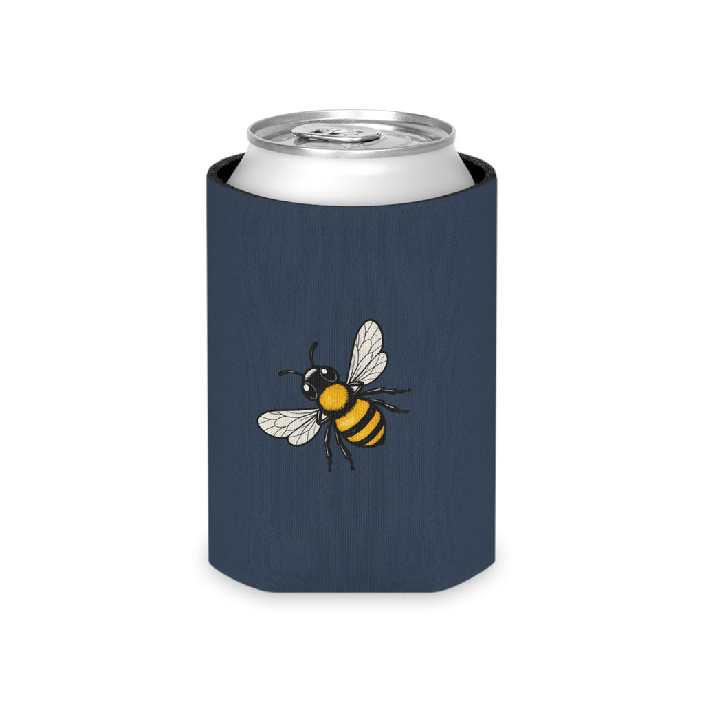 Navy fabric can cooler sleeve with buzzing bee graphic on front