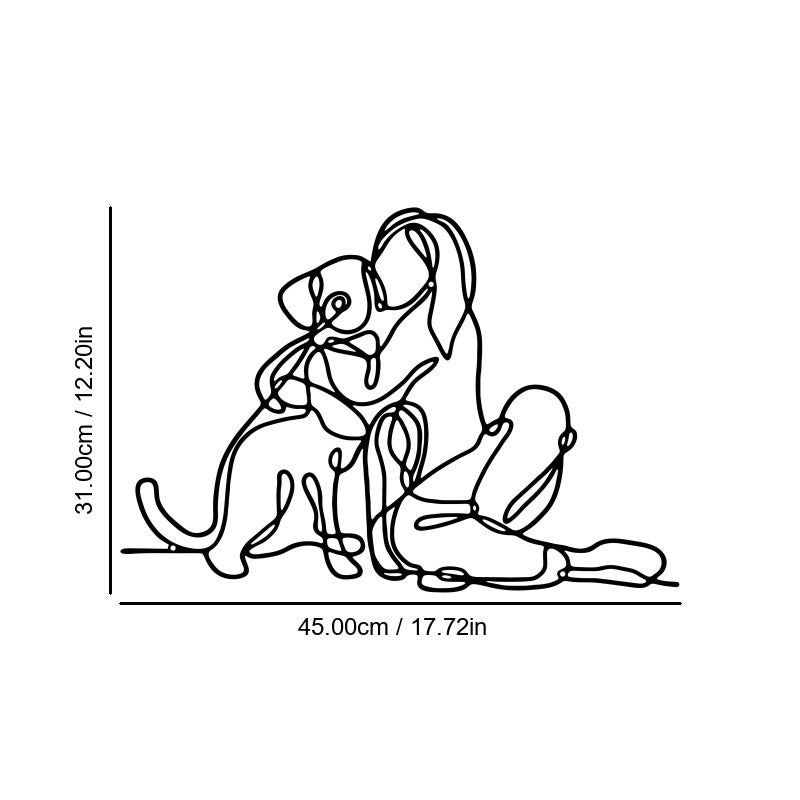 Abstract iron wall hanging with black line-art dog sitting with tail curled