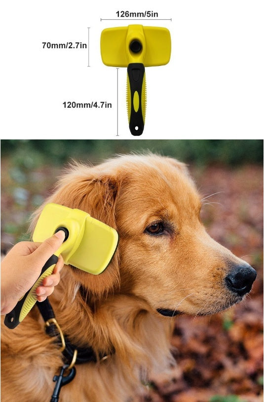 Yellow self-cleaning pet grooming brush with black retractable comb, rounded cover