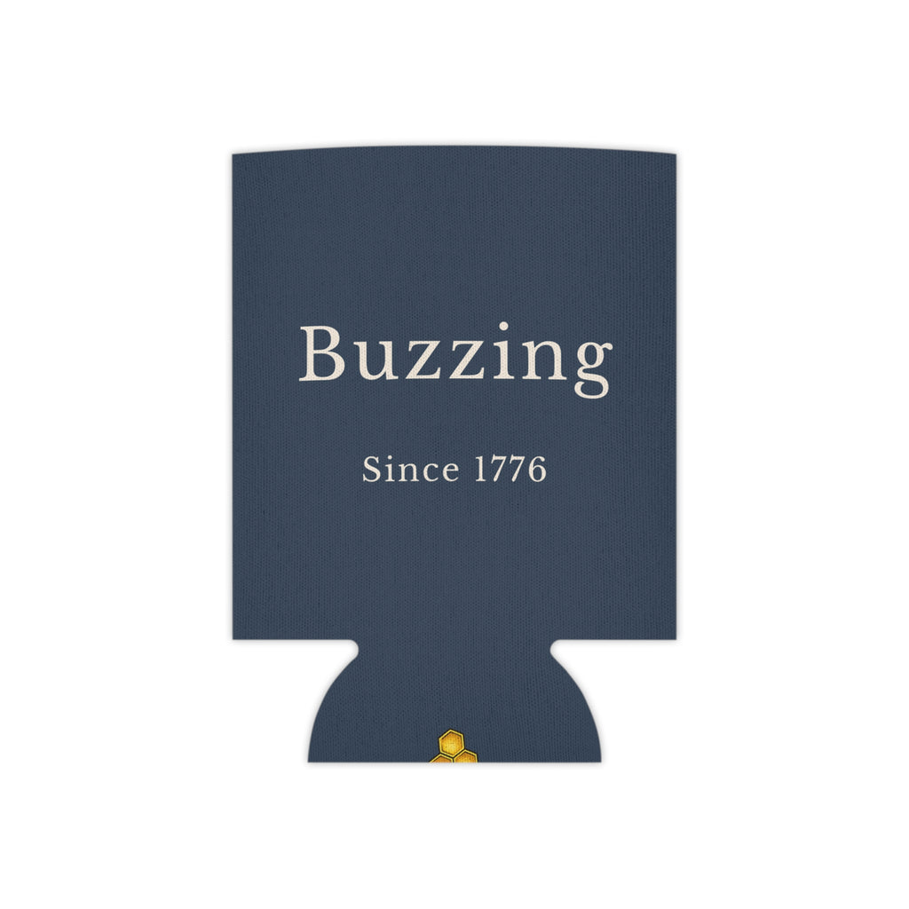 Navy can cooler with 'Buzzing Since 1776' text and small bee icon