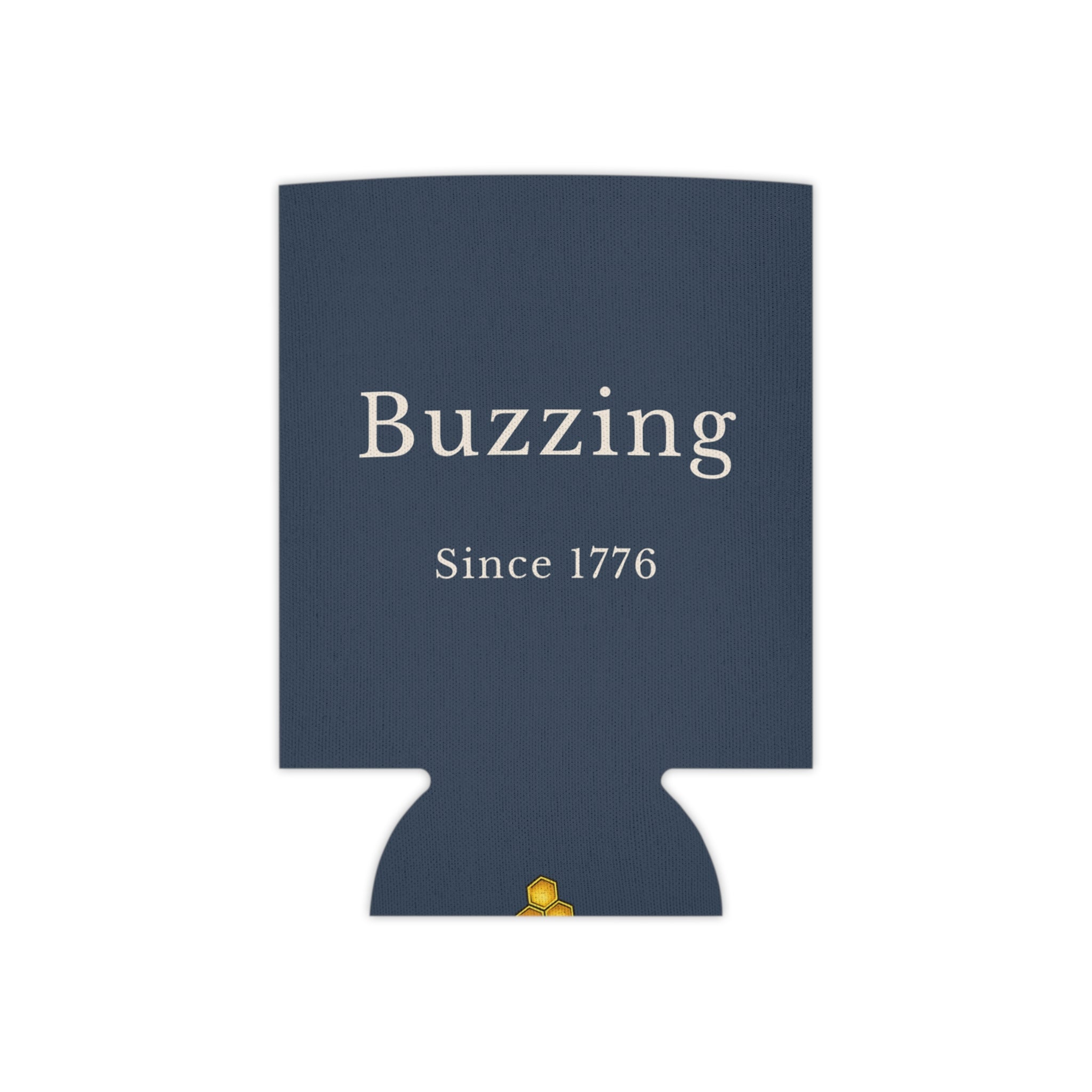 Navy can cooler with 'Buzzing Since 1776' text and small bee icon