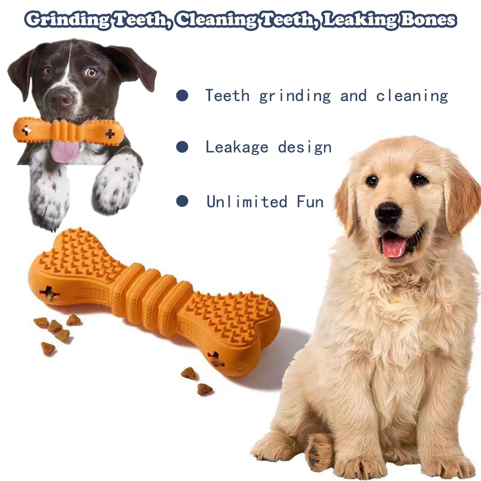 Orange textured bone dental chew toy with scattered treat pieces beside dogs