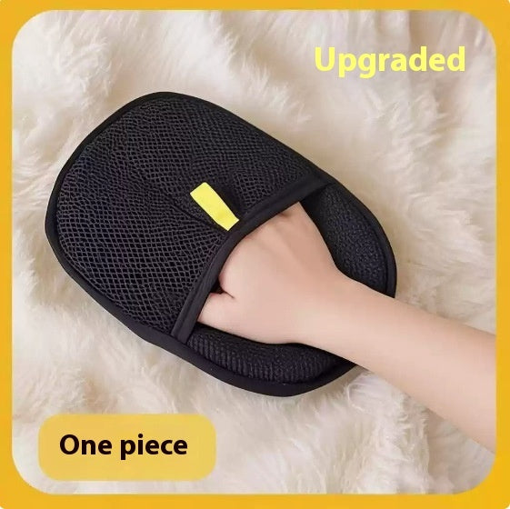 Black pet hair remover glove with one-piece design, mesh texture, and yellow accent