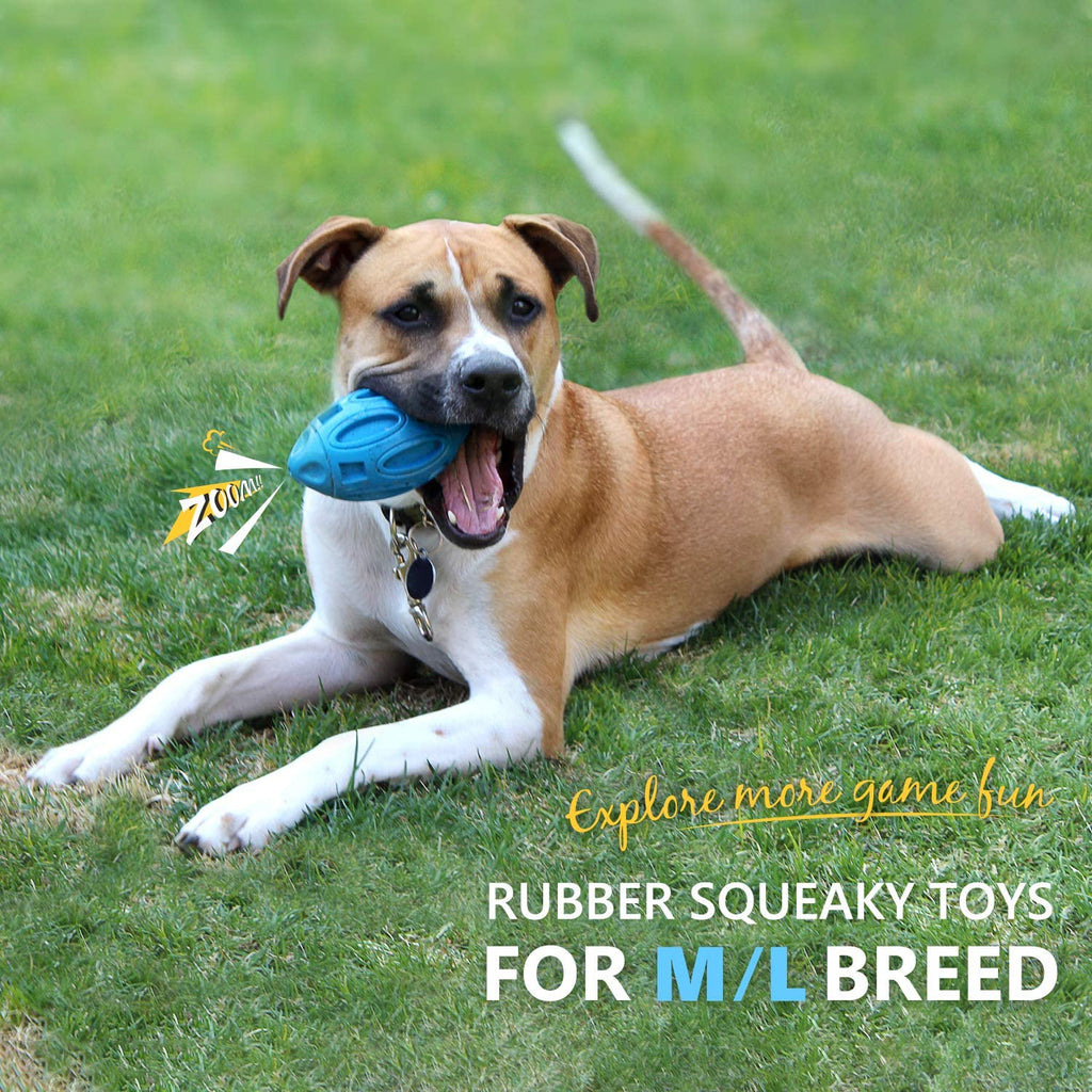 Blue squeaky rubber rugby dog toy ball in a dog’s mouth on grass