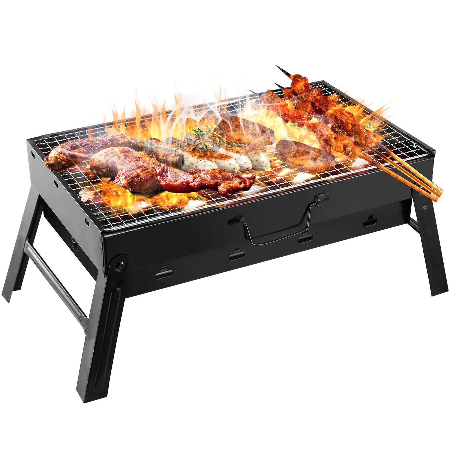 Portable foldable charcoal grill with wire cooking grate, black metal legs