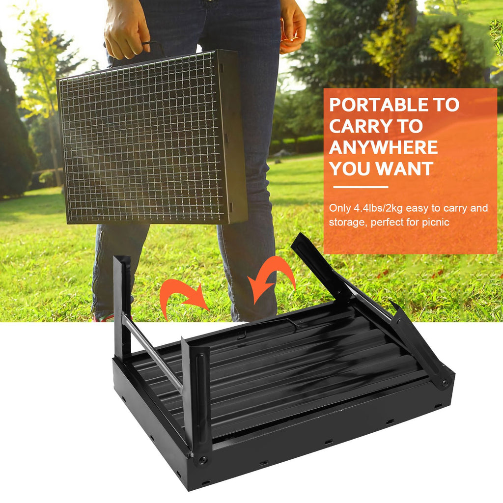 Foldable charcoal grill with wire grate unfolded on black stand, compact portable design