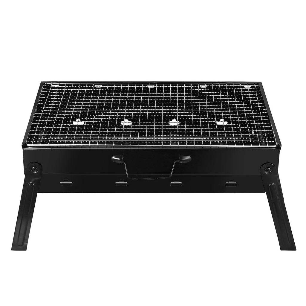 Black charcoal grill with wire cooking grate, side handles, vented body panel