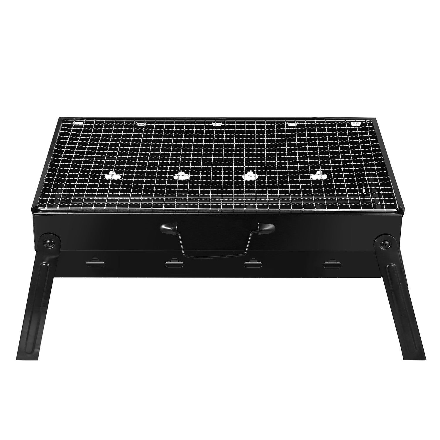 Black charcoal grill with wire cooking grate, side handles, vented body panel