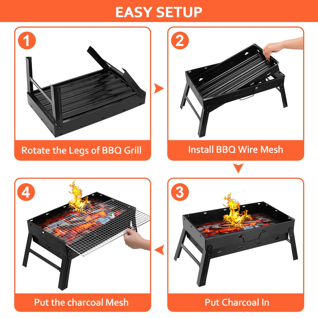 Charcoal grill showing easy setup with rotated legs and installed BBQ wire mesh