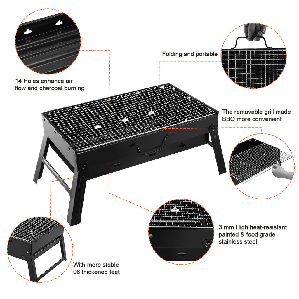Portable foldable charcoal grill with black wire grate, sturdy legs, removable ash tray