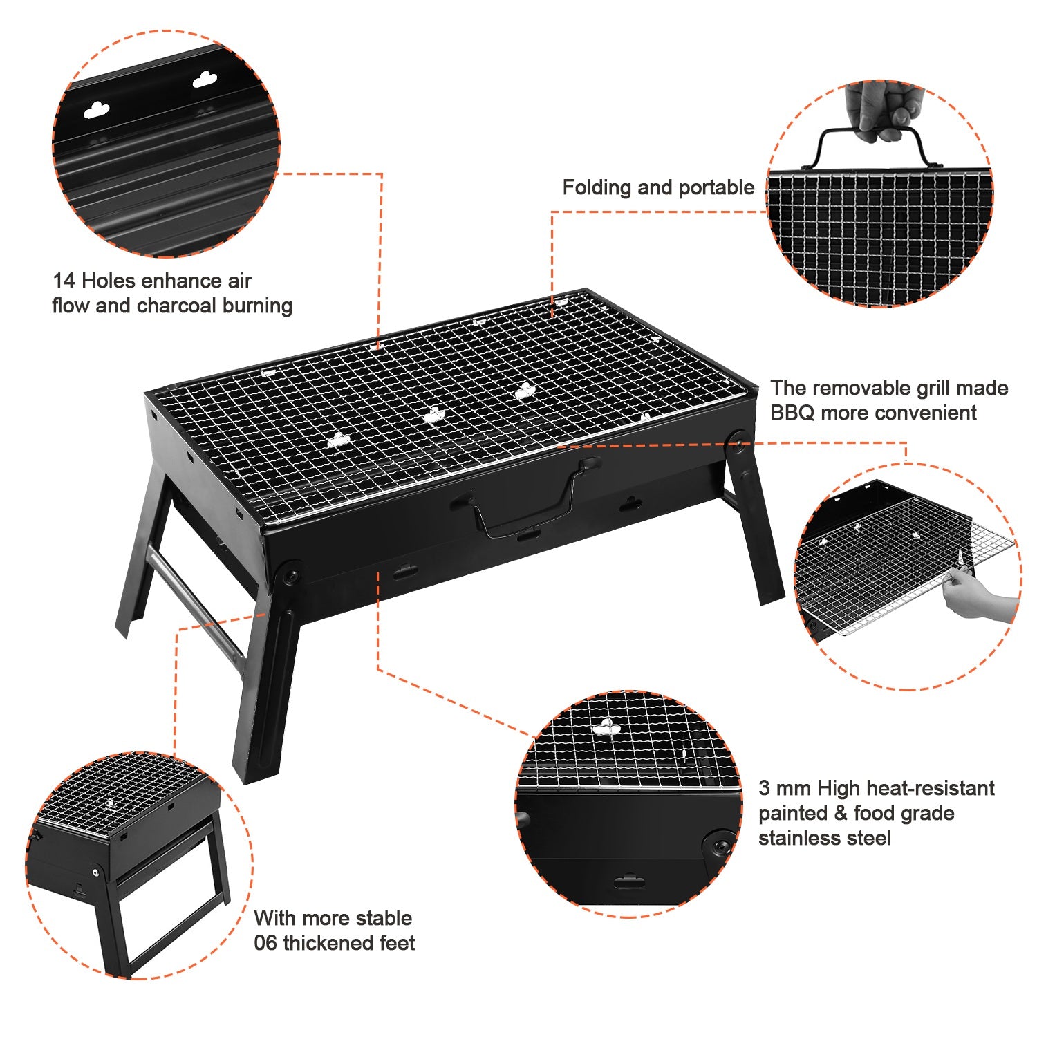 Portable foldable charcoal grill with black wire grate, sturdy legs, removable ash tray