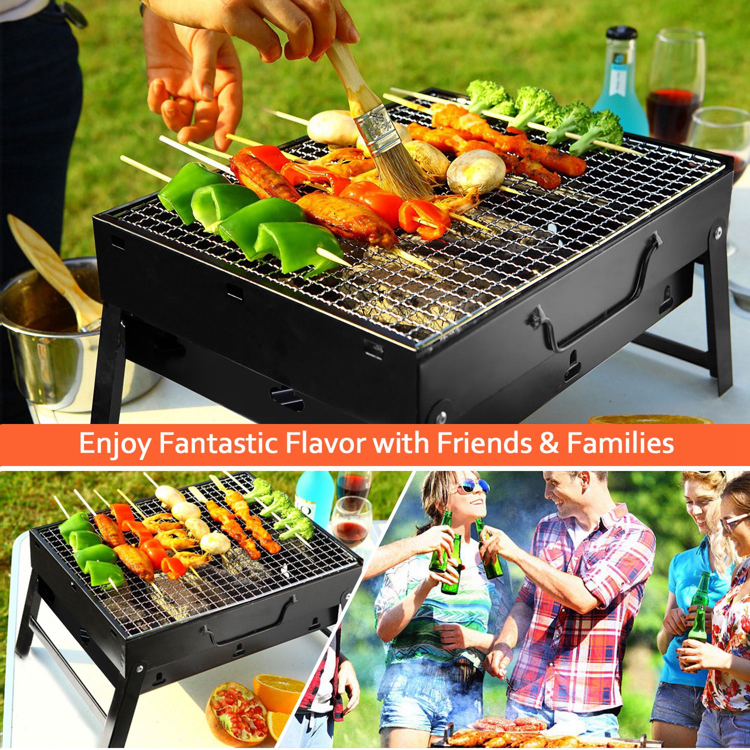 Black charcoal grill with wire grate, food cooking over open flames