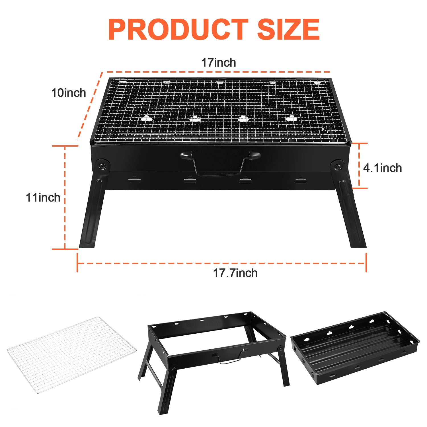 Black charcoal grill with wire grate and included folded mesh panels and base parts