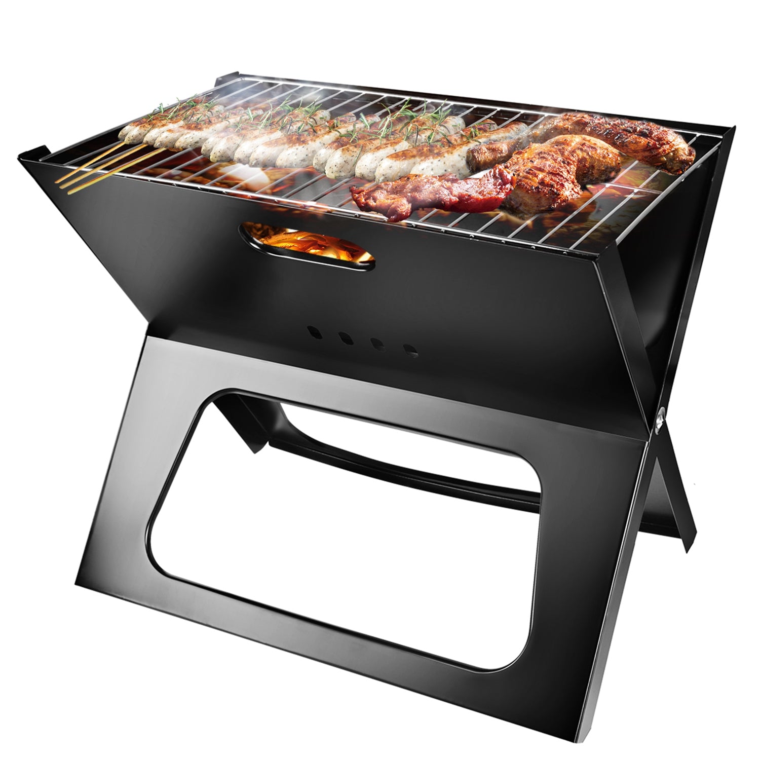 Charcoal grill with chrome cooking grate, black foldable frame, and side vent openings