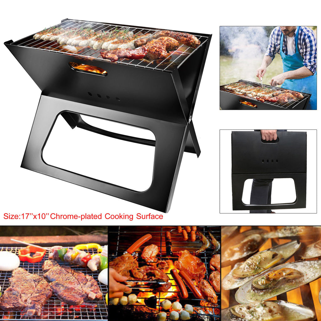 Black charcoal grill shown from front and side angles with chrome cooking grate