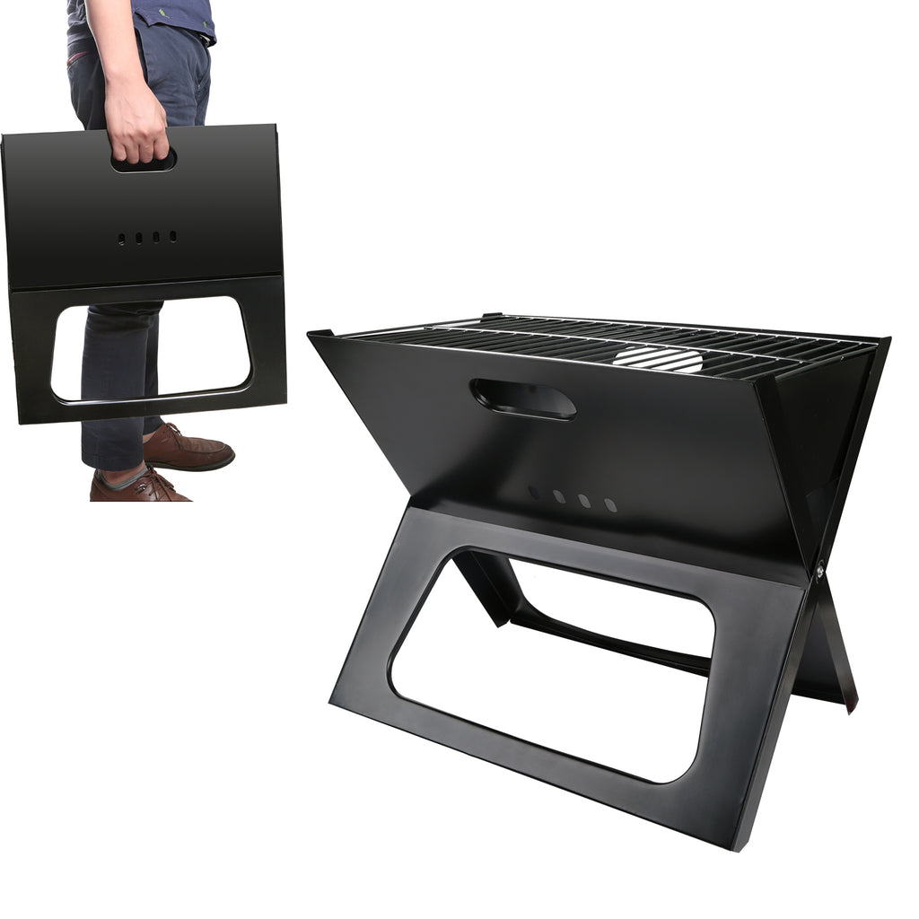 Black foldable charcoal grill with top cooking grate and front handle cutout, compact