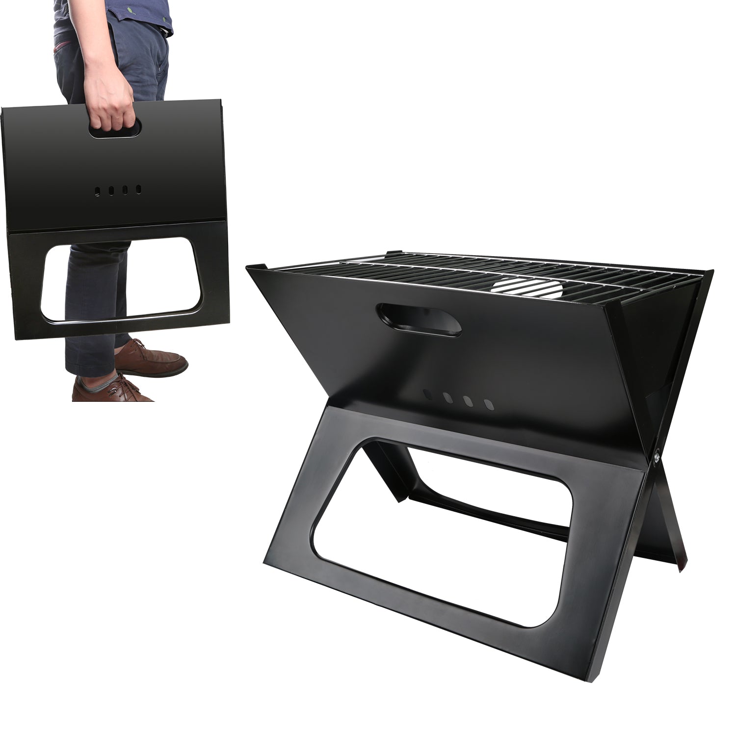 Black foldable charcoal grill with top cooking grate and front handle cutout, compact