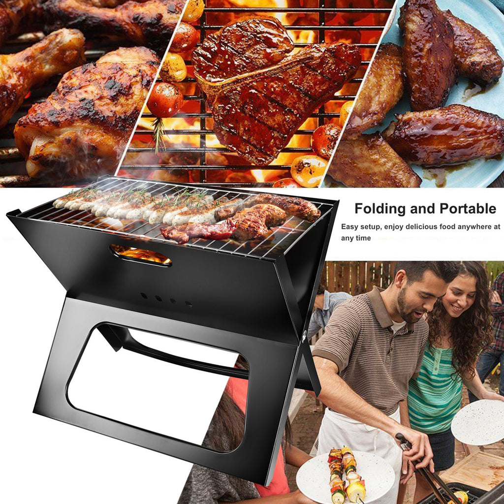 Black charcoal grill with cooking grate, food grilling on top, and large front cutout