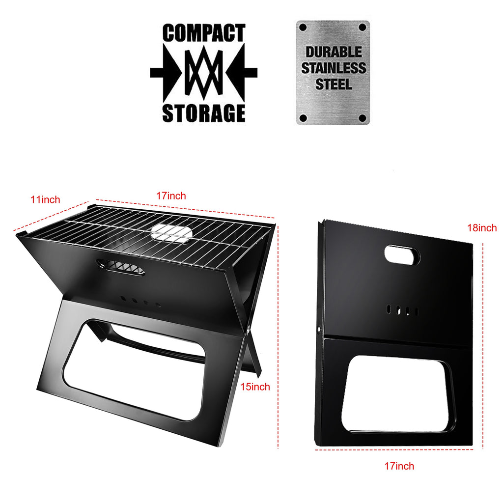 Black charcoal grill dimensions diagram showing cooking grate and foldable front cutout