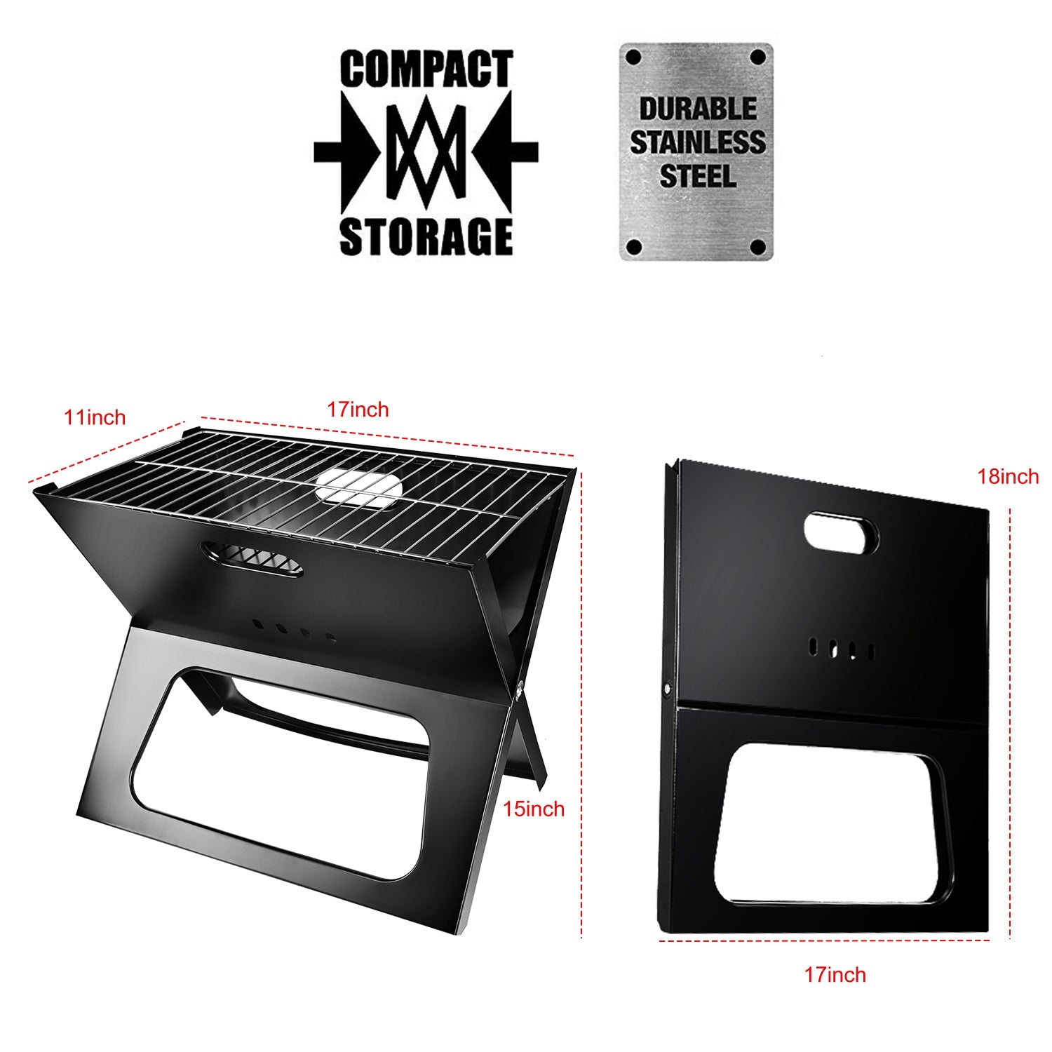 Black charcoal grill dimensions diagram showing cooking grate and foldable front cutout